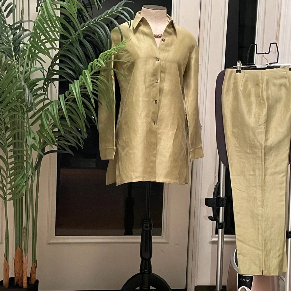 Sigrid Olsen Chartreuse Silk Linen Pantsuit Set Extra Small/4P Pristine 🌴 ✨✨ - Picture 4 of 16